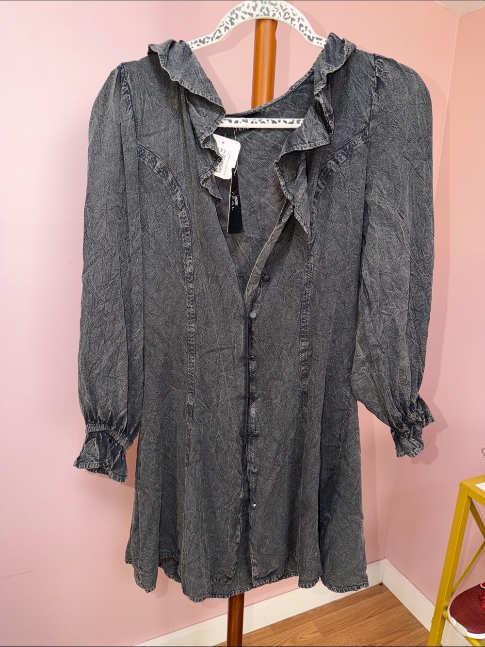 Ruffled V-Neck Button-Front Tunic/Dress— Charcoal Gray